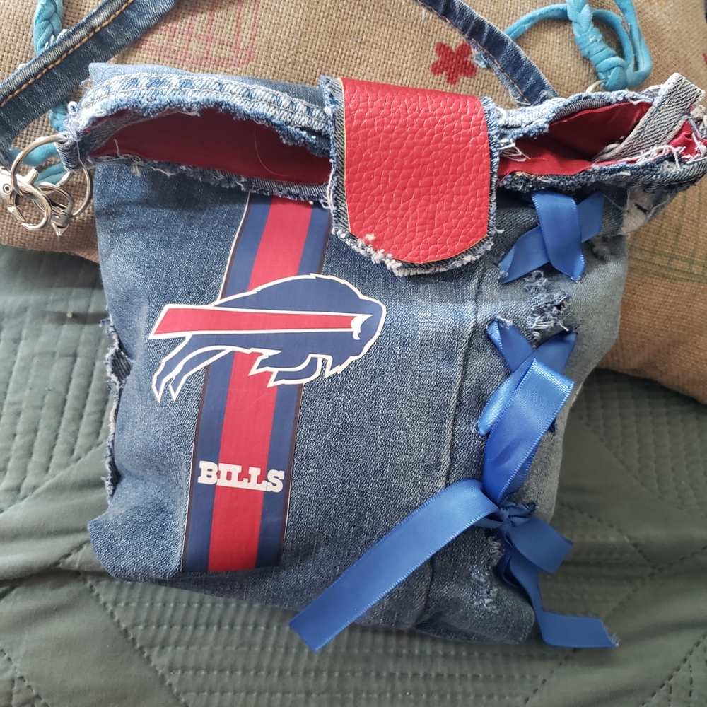 Denim Crossbody Bag with Red and Blue Accents